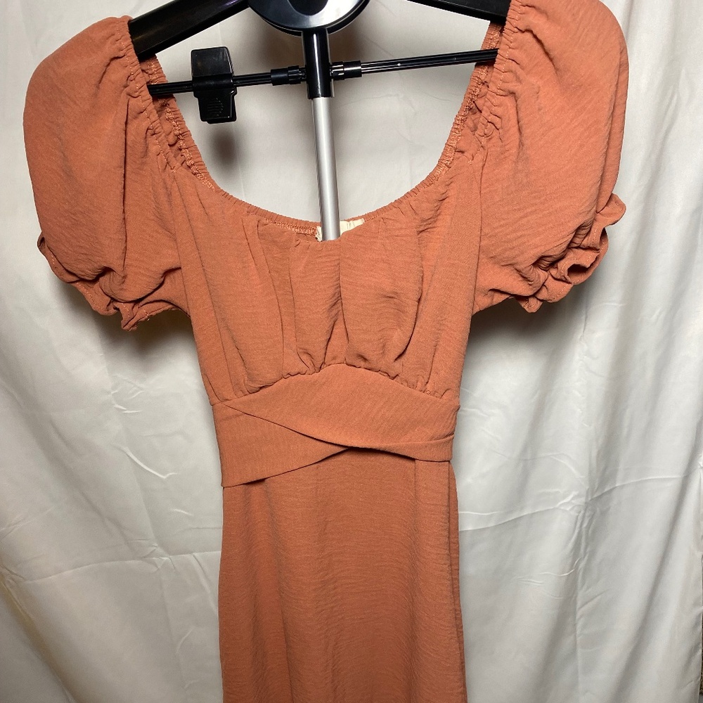 Pie in the Sky Rust Midi Dress Women’s Romantic Puff Sleeve Gauze Boho